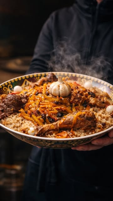 A steaming plate of plov with a whole garlic bulb, carried out of the kitchen